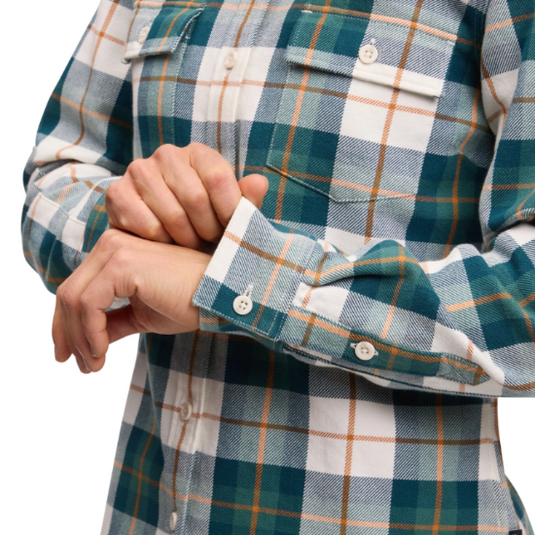 Black Diamonds Women's Project Twill Long Sleeve Shirt in Raging Sea-Henna worn by model close up of the cuffs