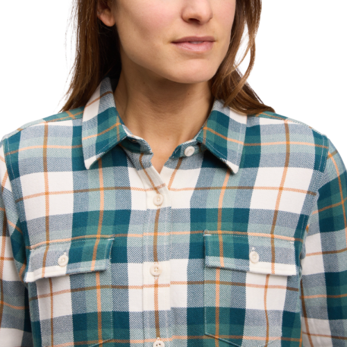 Black Diamonds Women's Project Twill Long Sleeve Shirt in Raging Sea-Henna worn by model close up of pattern