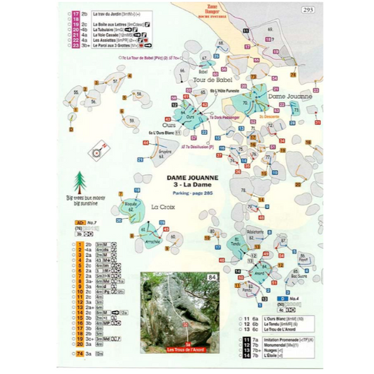 Font Bloc Volume 2 : Top Secret Jingo Wobbly - fontainebleau bouldering climbing guidebook - map of dame jouanne