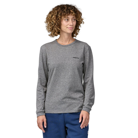Patagonia Women's Long Sleeved P-6 Logo Responsibili-Tee in Gravel Heather worn by model