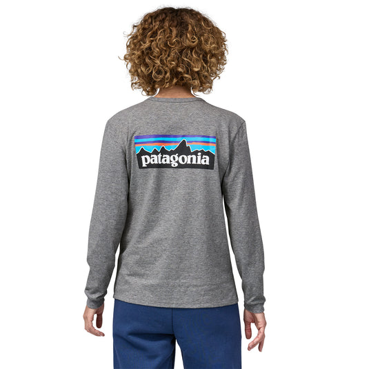 Patagonia Women's Long Sleeved P-6 Logo Responsibili-Tee in Gravel heather worn by model