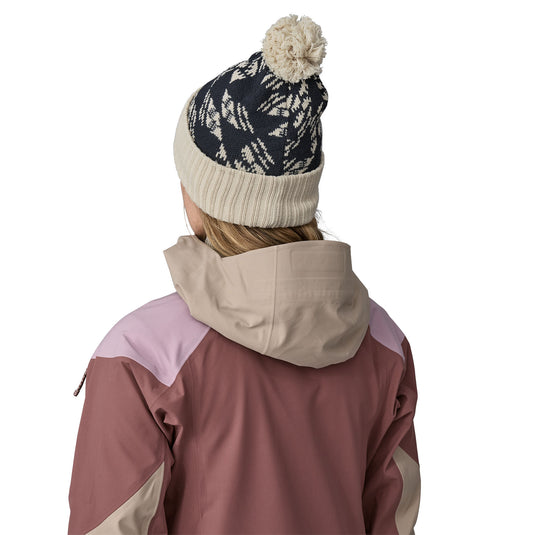 Patagoina Powder Town Beanie in Synched Flight- Smolder Blue worn on model facing away