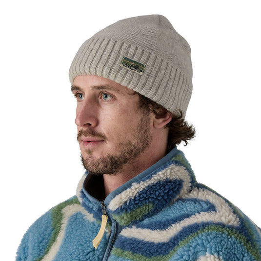 Patagonia Brodeo Beanie - OG Legacy Label: Crisp Grey worn by model