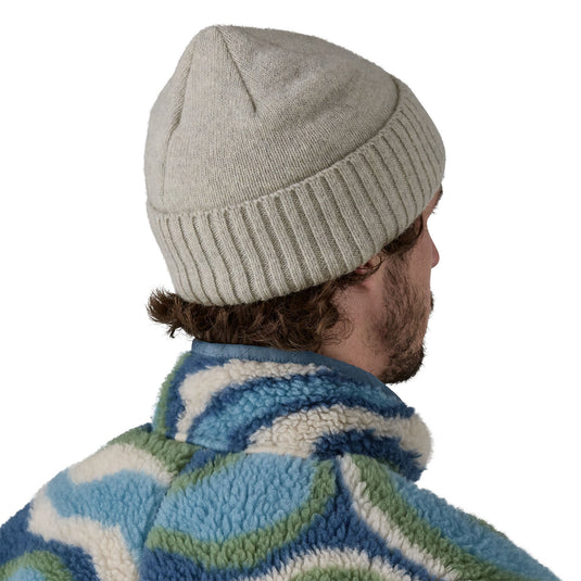 Patagonia Brodeo Beanie - OG Legacy Label: Crisp Greyw orn by model facing away