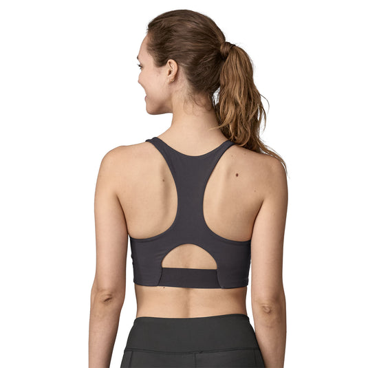 Patagonia Womens Maipo Mid-Impact Bra Black worn by model facing away