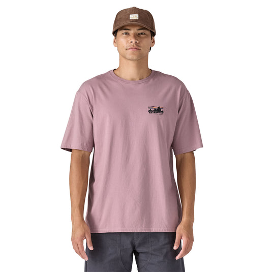 Patagonia Mens '73 Skyline Organic T-Shirt in Stormy Muave with small patagonia logo worn by model