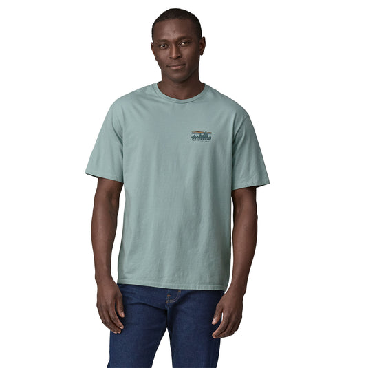 Patagonia Mens '73 Skyline Organic T-Shirt in Thermal Blue with small patagonia logo worn by model
