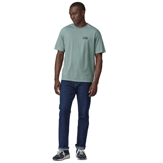 Patagonia Mens '73 Skyline Organic T-Shirt in Thermal Blue with small patagonia logo worn by model
