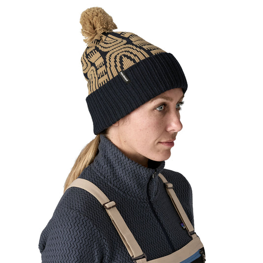 Patagonia Powder Town Beanie in Flow Sunken Blue worn by model