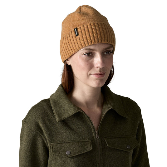Patagonia Brodeo Beanie in Talon Gold worn by model