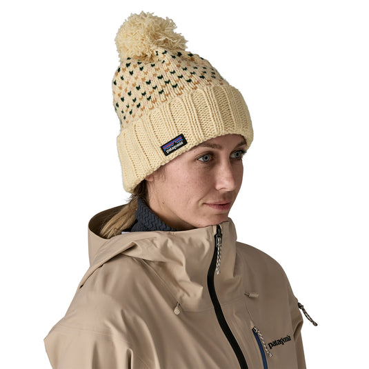 Patagonia Snowbelle beanie in confetti natural worn by model