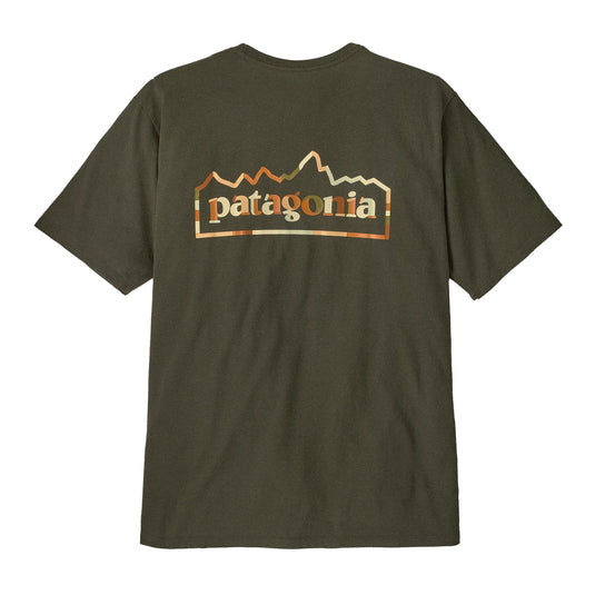 Patagonia Mens Utility Fitz Responsibili-Tee in basin green showing rear logo graphic