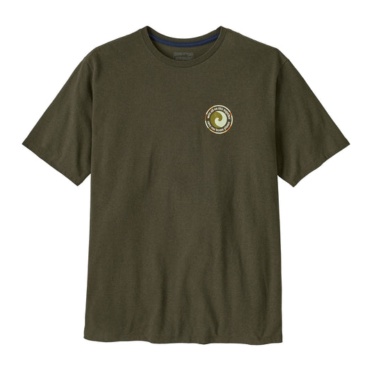 Patagonia Mens Utility Fitz Responsibili-Tee in basin green showing front chest graphic