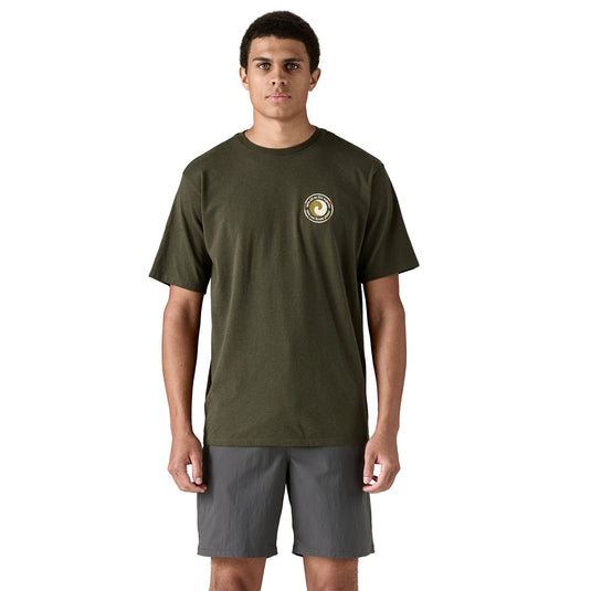 Patagonia Mens Utility Fitz Responsibili-Tee in basin green showing front chest graphic worn by model