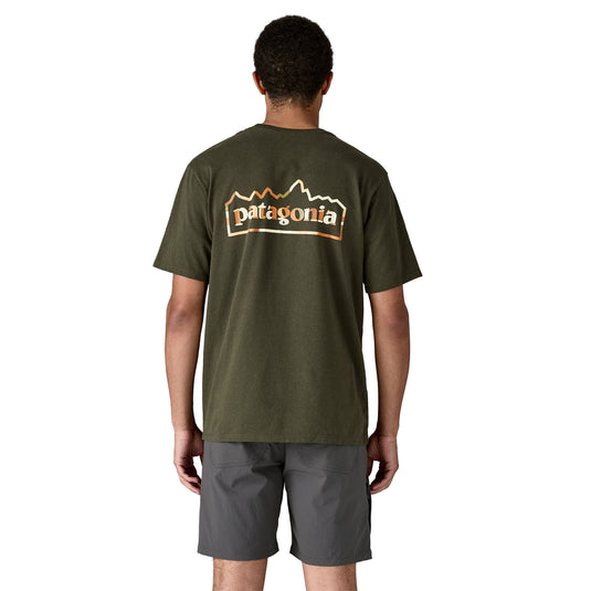 Patagonia Mens Utility Fitz Responsibili-Tee in basin green showing rear logo graphic worn by model