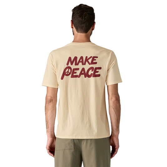 Patagonia Mens Balance Organic T-Shirt in Peace-seed undyed natural worn on model facing away with make peace logo printed ont he back