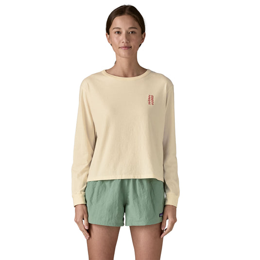Patagonia W's L/S Driftways Easy Cut Organic T-Shirt in undyed natural worn by model