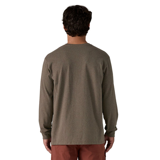 Patagonia Mens Long Sleeved Shop Sticker Pocket Responsibili-Tee worn by model