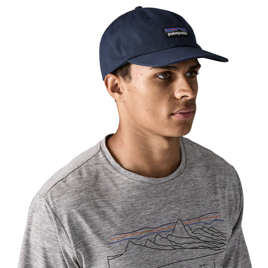 Patagonia P-6 Label Trad Cap in New Navy worn by model