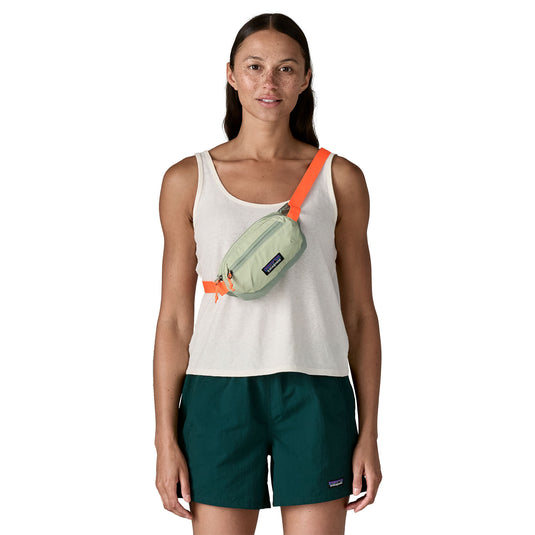 Patagonia Terravia Mini Hip Pack in Lichen Green worn by model