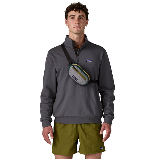 Patagonia Terravia Mini Hip Pack in Patchwork Noble Grey worn by model