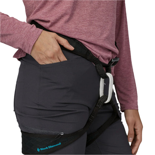 Patagonia Womens Chambeau Rock Pants in black worn on model in harness