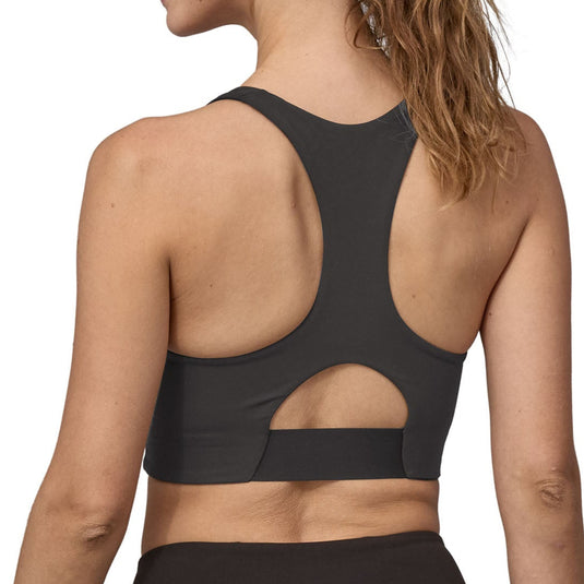 Patagonia Womens Maipo Mid-Impact Bra Black worn by model facing away