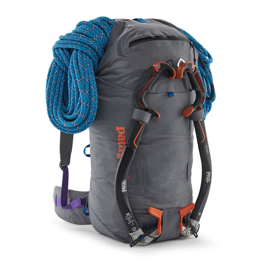 Patagonia Ascensionist 35L in Noble Grey from Front with climbing gear loaded