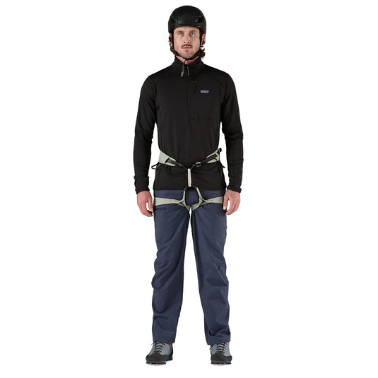 Patagonia Venga Rock Pants Smoulder Blue worn by model in harness