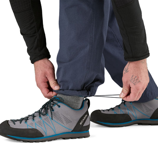 Patagonia Venga Rock Pants Smoulder Blue worn by model showing leg cuffs