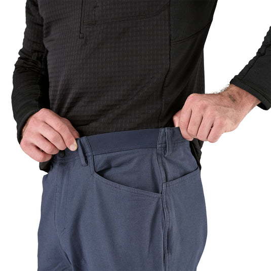 Patagonia Venga Rock Pants Smoulder Blue worn by model close up of waist