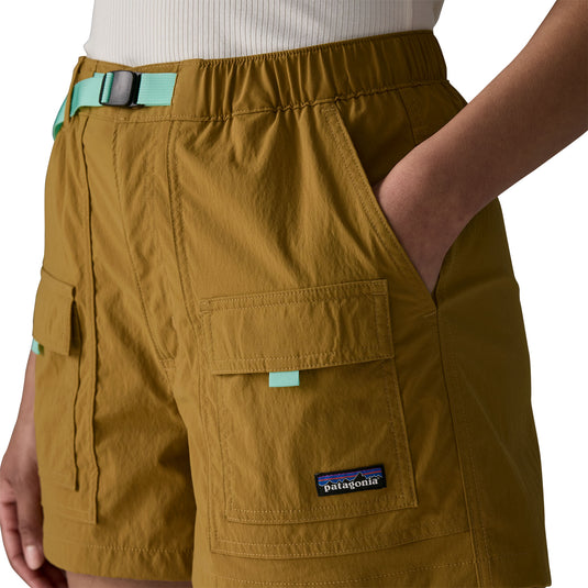 Patagonia Womens Outdoor Everyday Shorts in bobcat brown worn by model close up of pocket