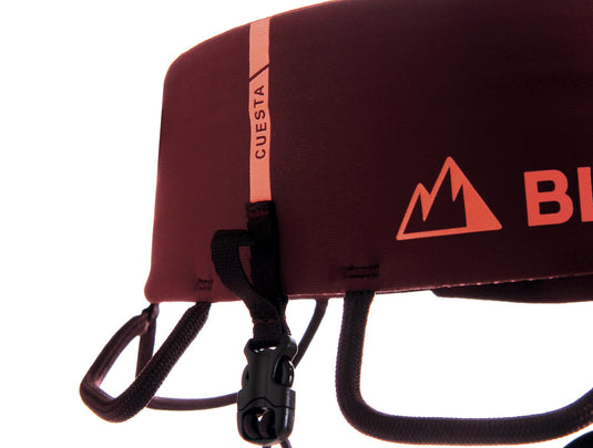 A close up of the back of a red/brown coloured Blue ice cuesta harness