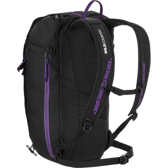 Wild Country Progress Backpack 25L - in black with purple features from behind