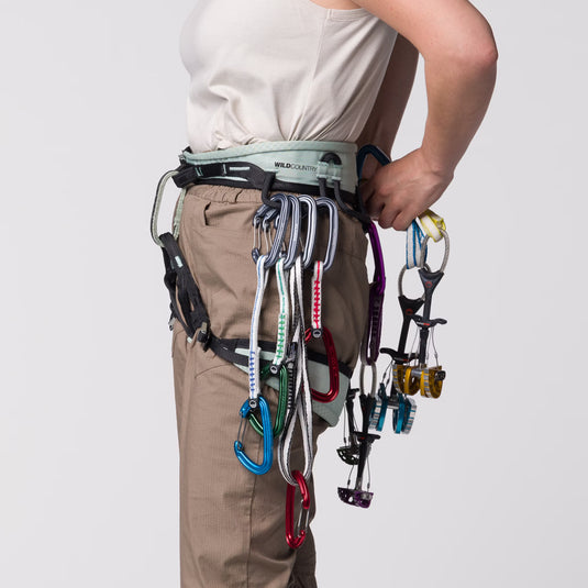 Wild Country Session 2.0 Women's Harness - worn by model with climbing gear attached