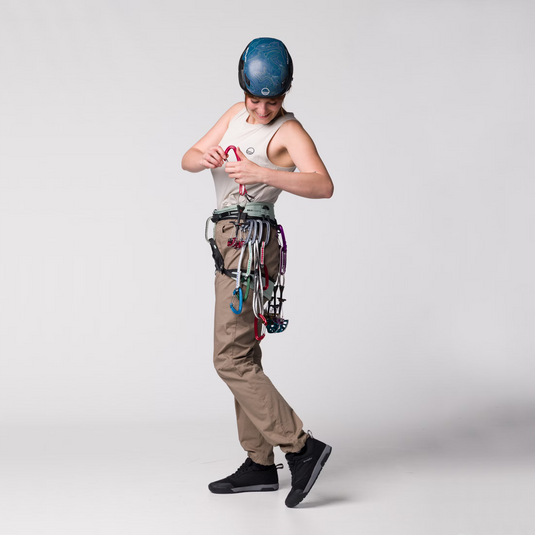 Wild Country Session 2.0 Women's Harness - worn by model with climbing gear attached