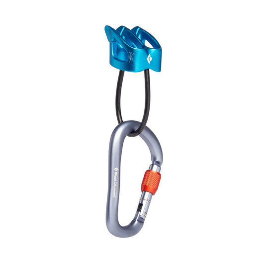 Black Diamond ATC-Xp in blue with rocklock screwgate carabiner attached