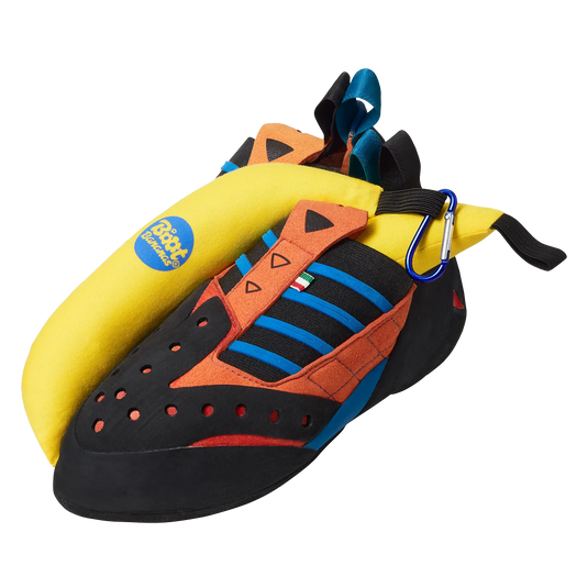 Two yellow Boot bananas attached to blue carabiner - one inside scarpa climbing shoe