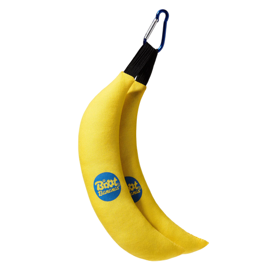 Two yellow Boot bananas attached to blue carabiner