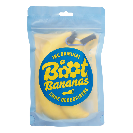 Two yellow Boot bananas attached to blue carabiner inside blue and yellow see-through packaging
