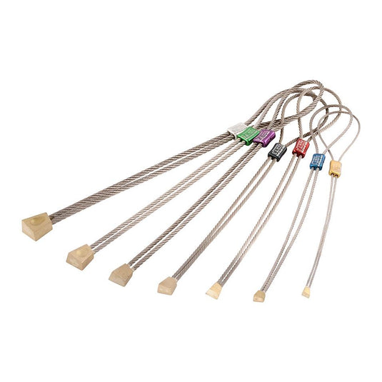 Various DMM HB Brass offset nuts. Grey, Green, Purple, Black, Red, BLue and Gold colour coded nuts with brass head on silver wire