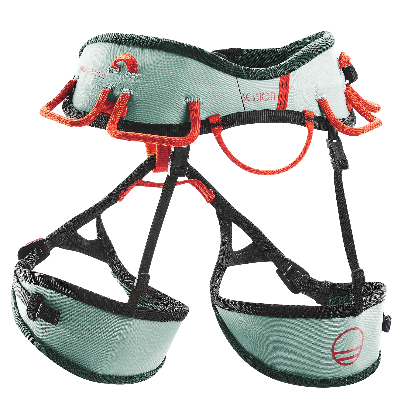 A womans session harness by Wild Country in light green and orange design. With 4 gear loops and adjustable leg loops