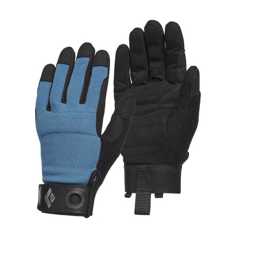 A pair of Black Diamond Crag Gloves with black palm and blue back of hand with hook and loop system shown at base of glove.