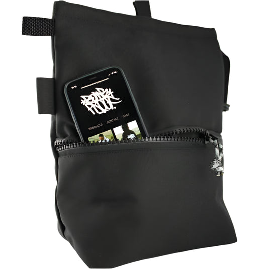 Bomb Proof Chalk Bucket - Black with Zippered Pocket in view with phone in