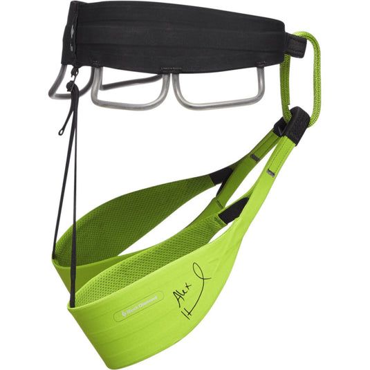 Black Diamond Solution Harness Alex Honnold edition with black waistband and green leg loops.