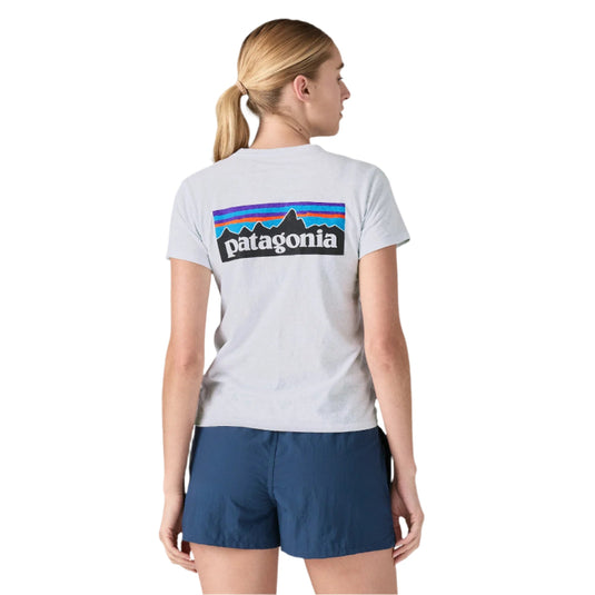 Patagonia Women's P-6 Logo Responsibili-Tee in white worn by model