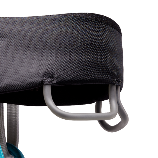 Black DIamond Momentum Harness in AquaVerde - a close up of the waist band and gear loops