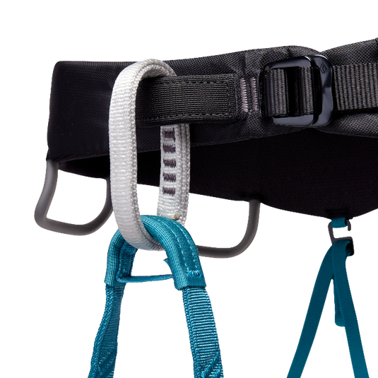 Black DIamond Momentum Harness in AquaVerde - a close up of the tie in points