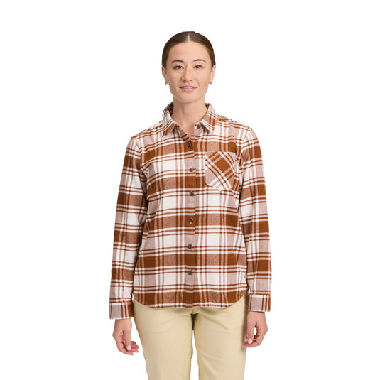 Black Diamonds Women's Project Flannel in Clay-Off white Plaid - worn by model 