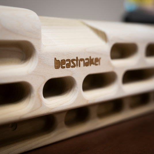 Close up of the Beastmaker 1000 - wooden training hangboard